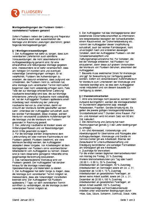 FLUIDSERV Montagebedingungen